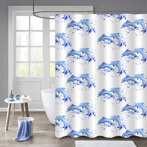 Couple Jumping Dolphins at Abstract Spalash Ocean Wave Shower Curtain - Blue