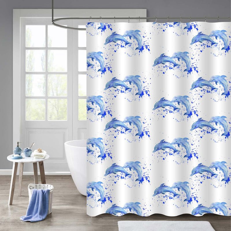 Couple Jumping Dolphins at Abstract Spalash Ocean Wave Shower Curtain - Blue