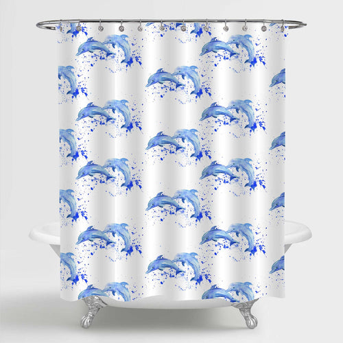 Couple Jumping Dolphins at Abstract Spalash Ocean Wave Shower Curtain - Blue