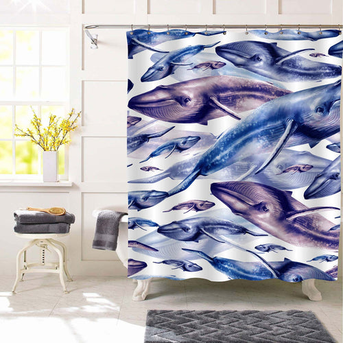 Realistic Watercolor Drawn Whale Shower Curtain - Blue