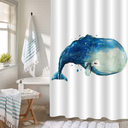Watercolor Cartoon Whale Shower Curtain - Blue