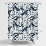 Watercolor Vintage Whale with Marine Pattern Shower Curtain - Dark Blue