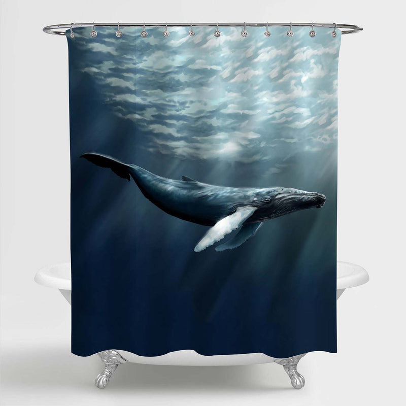 Humpback Whales Free Diving in the Blue Pacific Shower Curtain - Dark Blue