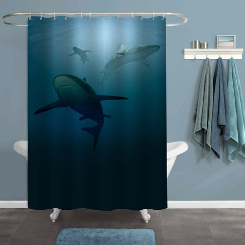 Great White Sharks Underwater Shower Curtain - Blue