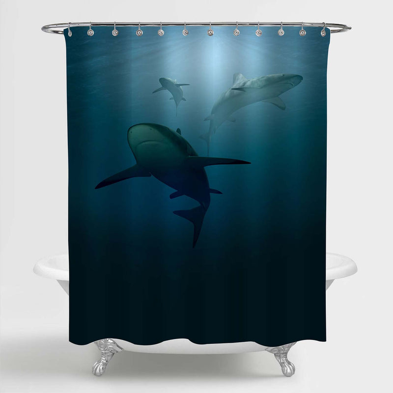 Great White Sharks Underwater Shower Curtain - Blue