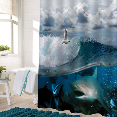 Flying Seagulls and Angry Hungry Shark Underwater Wild Sealife Shower Curtain - Blue