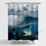 Flying Seagulls and Angry Hungry Shark Underwater Wild Sealife Shower Curtain - Blue