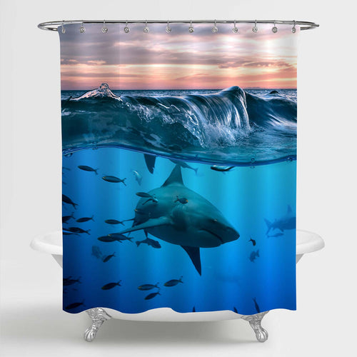 Bullshark Swimming Peacefully with Fishes Underwater Shower Curtain - Blue Gold