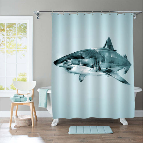 Great White Shark Cruises Through the Clear Waters Shower Curtain - Grey Green