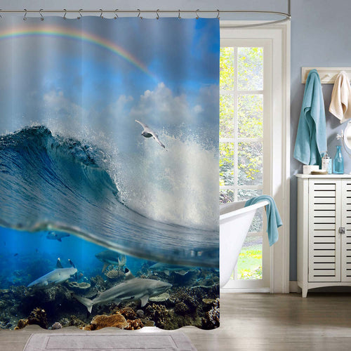 White Seagull Flying above and Reef Sharks Underwater over Coral Reef - Blue