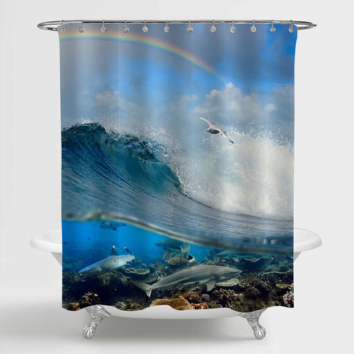 White Seagull Flying above and Reef Sharks Underwater over Coral Reef - Blue