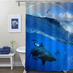 Ocean Breaking Wave and Rianbow Sky over with Flying Seagull and Angry Hungry Shark Underwater Shower Curtain - Blue