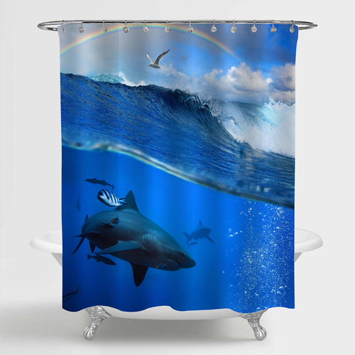 Ocean Breaking Wave and Rianbow Sky over with Flying Seagull and Angry Hungry Shark Underwater Shower Curtain - Blue