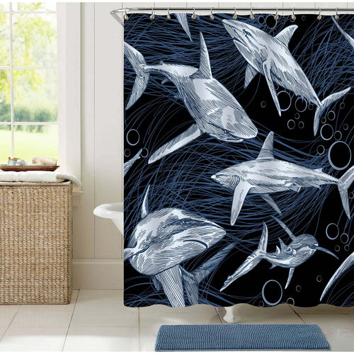 Hand Drawn Shark Pattern Shower Curtain - Dark Blue