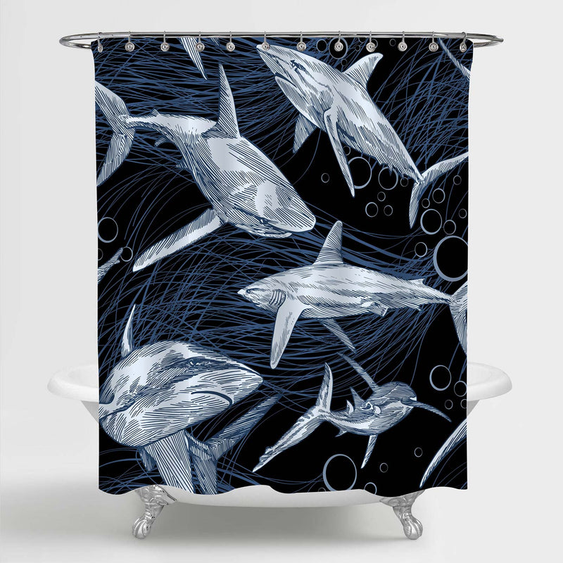Hand Drawn Shark Pattern Shower Curtain - Dark Blue