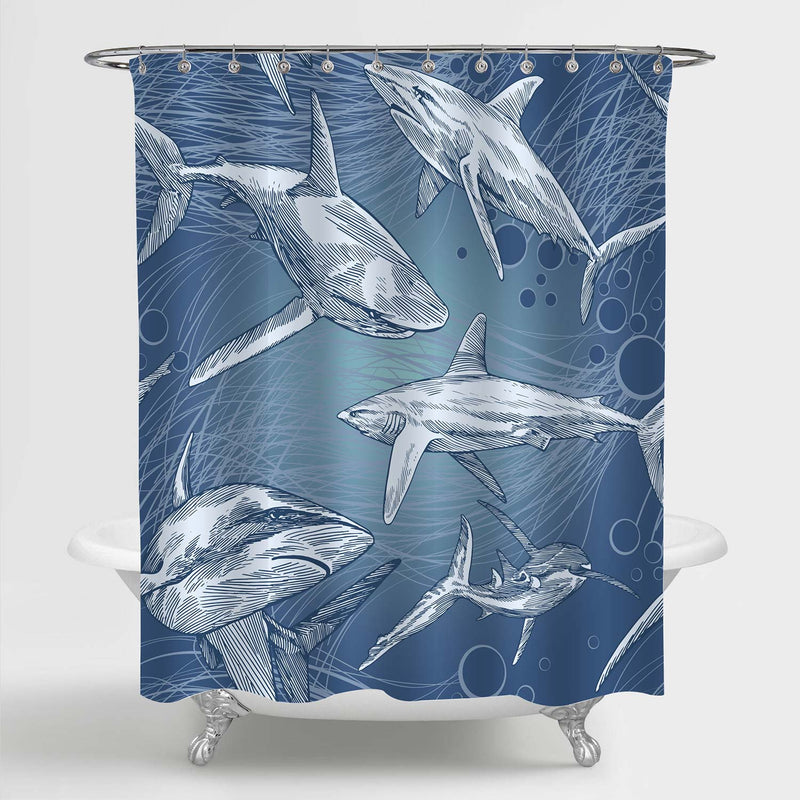 A Flock of Great White Sharks Cruises Under the Sea Shower Curtain - Grey Blue