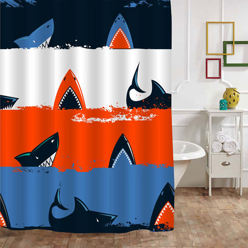 Cartoon Shark with Stripes Pattern Shower Curtain - Red Blue