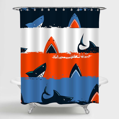 Cartoon Shark with Stripes Pattern Shower Curtain - Red Blue