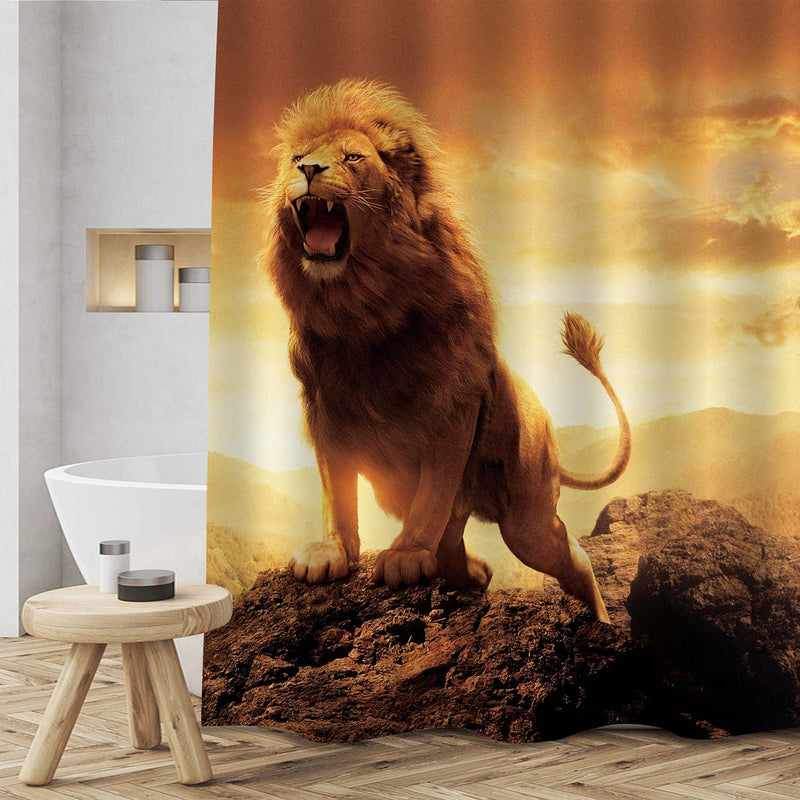 Angry Roaring Lion on The Peak of Mountain Shower Curtain - Gold