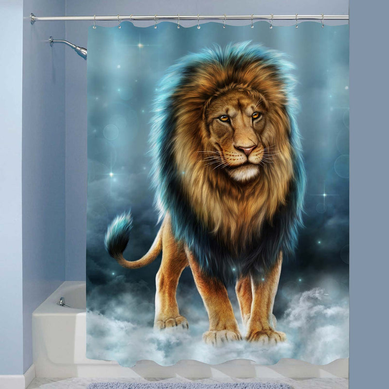 African Wild Forest Lion King with Blue Sky and Cloud Backdrop Shower Curtain - Gold Blue