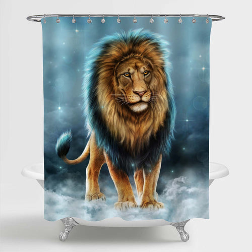 African Wild Forest Lion King with Blue Sky and Cloud Backdrop Shower Curtain - Gold Blue