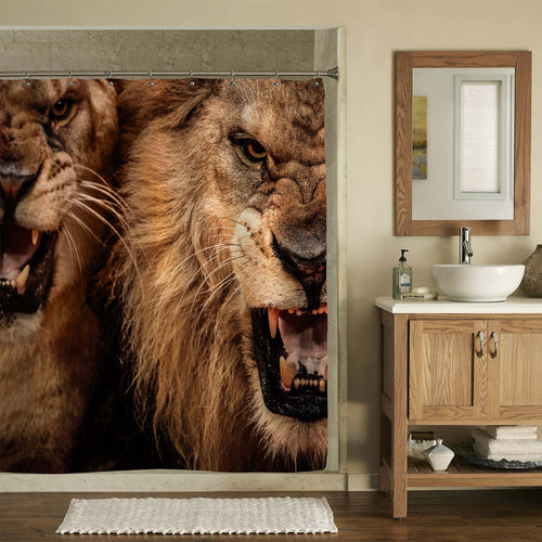 Close Up Portrait of Roaring Lions Shower Curtain - Gold