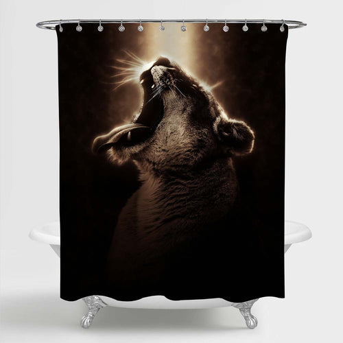 Black and Gold Portrait of a Wild Roaring Female Lion Showing Teeth Shower Curtain - Black Gold