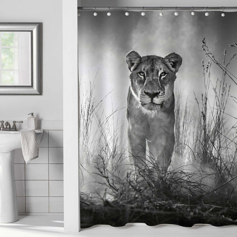 Female Lion Walking in the Grass Shower Curtain - Grey