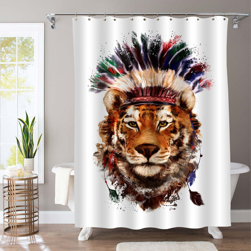 Watercolor Tiger in a Indian Headdress of Feathers Shower Curtain - Brown