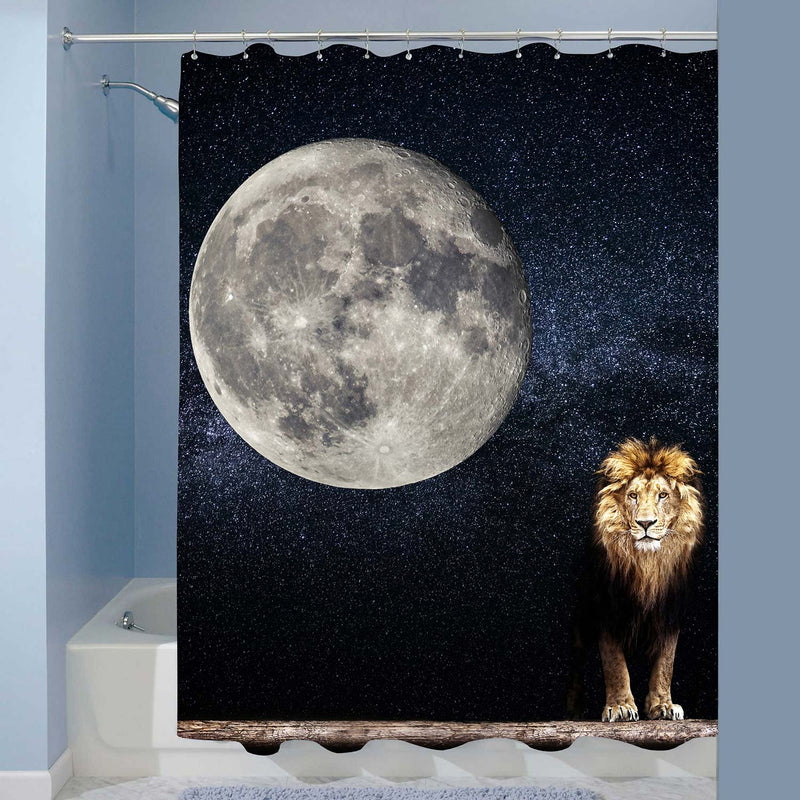 Aggressive Wild Lion Against Super Moon and Galaxy Shower Curtain - Gold Dark Blue