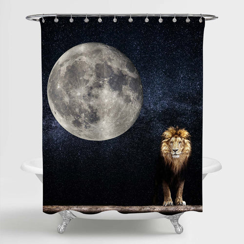 Aggressive Wild Lion Against Super Moon and Galaxy Shower Curtain - Gold Dark Blue