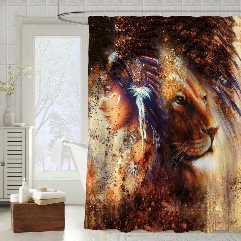 Indian Woman Wearing Feather Headdress with Lion Shower Curtain - Gold