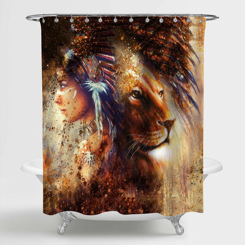 Indian Woman Wearing Feather Headdress with Lion Shower Curtain - Gold