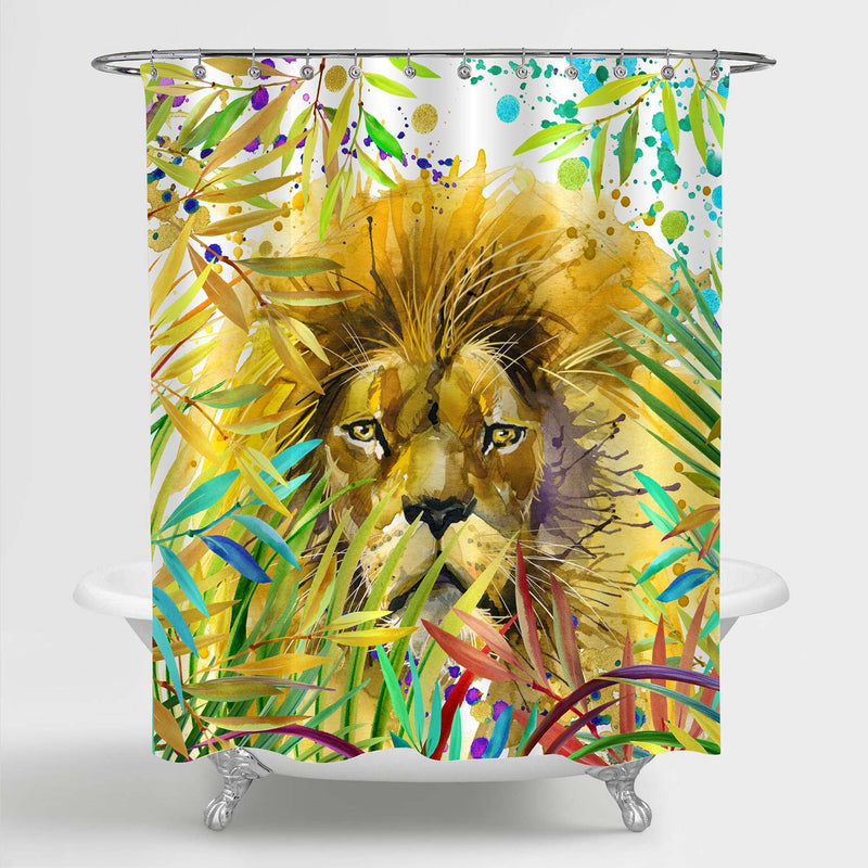 King Lion Resting in the Tropical Exotic Forest Shower Curtain - Gold Green