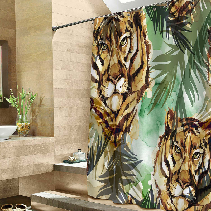 Tigers with Tropical Leaves Shower Curtain - Gold Green