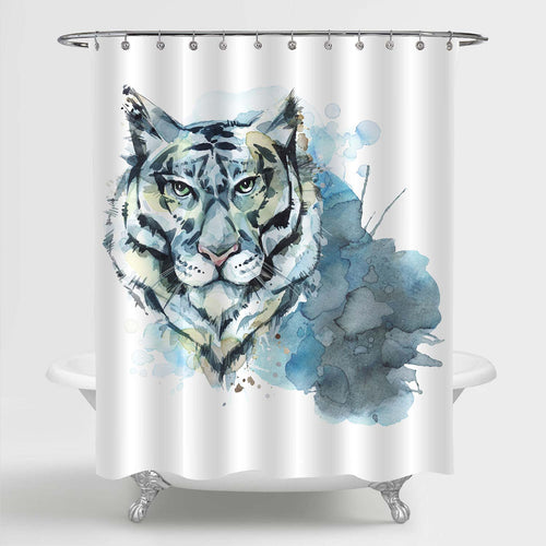 Majestic Watercolor Tiger Head Shower Curtain - White Light Blue