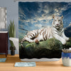 Majestic Tiger Resting on a Rock with Cloudy Sky Background Shower Curtain - Blue Green