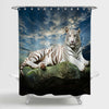 Majestic Tiger Resting on a Rock with Cloudy Sky Background Shower Curtain - Blue Green