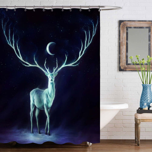 Silhouette of Glittering Deer Shower Curtain with Dark Background, Mysterious Wild Animal Home Decor for Christams Holiday Party Supplies, Waterproof Bathrroom Accessories, Black, 72 x 78