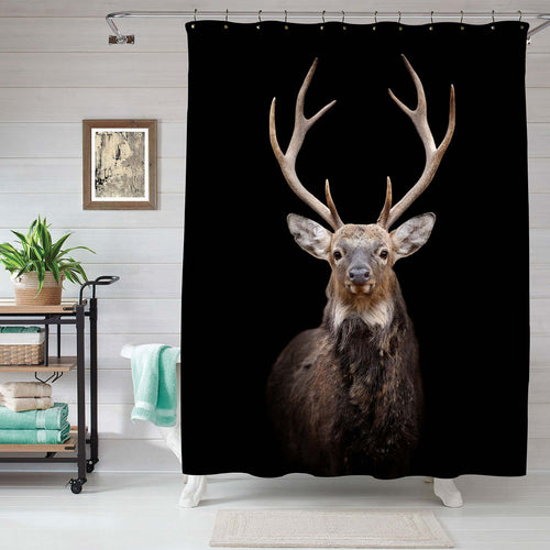 Portrait Red Deer Bathtub Shower Curtain on Dark Background, Wild Mature Reindeer in Winter for Rustic Home Decor, Water Resistant Fabric Bathroom Accessories, Black Brown, 72 x 78 Standard