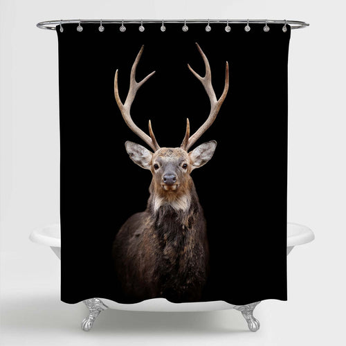 Portrait Red Deer Bathtub Shower Curtain on Dark Background, Wild Mature Reindeer in Winter for Rustic Home Decor, Water Resistant Fabric Bathroom Accessories, Black Brown, 72 x 72 Standard