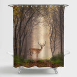 Fallow Deer Standing in a Dreamy Misty Forest with Beautiful Moody Light Shower Curtain - Brown