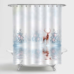 Lonely Reindeer with Big Horns Standing in the Winter Fairy Forest Shower Curtain - Brown Light Blue