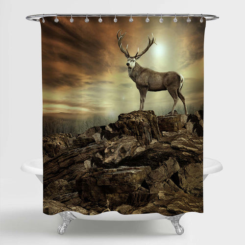 Deer Standing on Rocks in Winter Shower Curtain - Brown