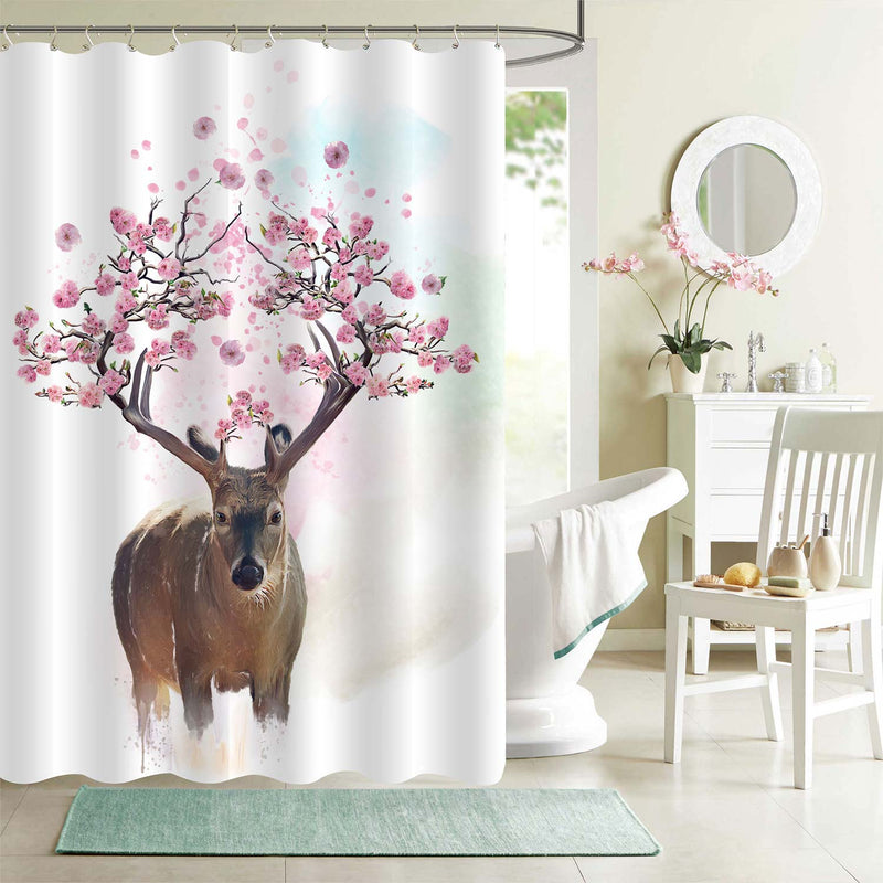 Deer Portrait with Flowering Branches on the Horns Shower Curtain - Brown Pink