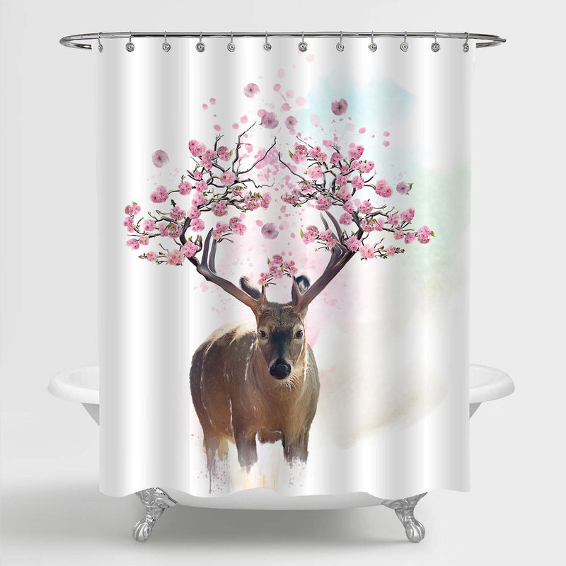 Deer Portrait with Flowering Branches on the Horns Shower Curtain - Brown Pink