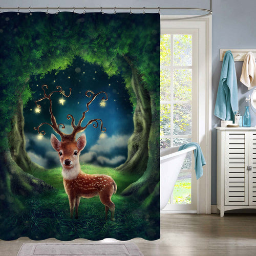 Little Deer in a Magic Forest at Fairy Night Shower Curtain - Green Brown