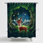 Little Deer in a Magic Forest at Fairy Night Shower Curtain - Green Brown