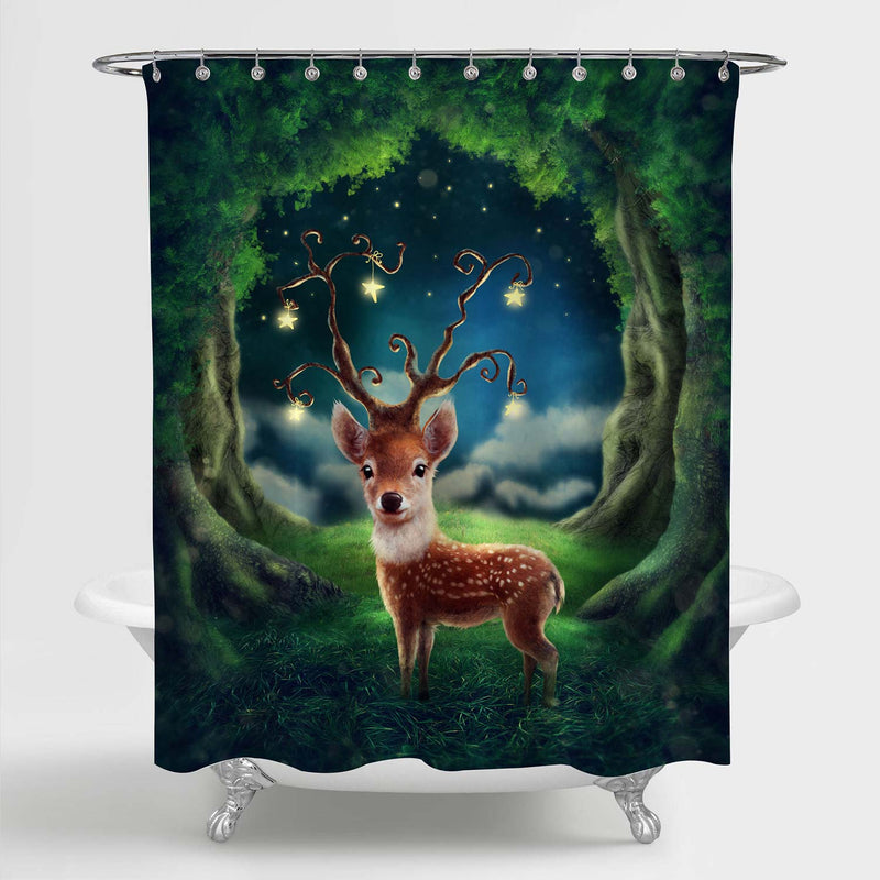 Little Deer in a Magic Forest at Fairy Night Shower Curtain - Green Brown