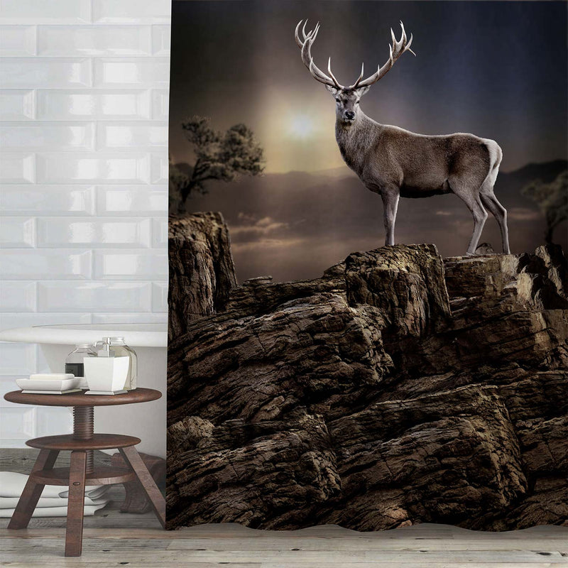 Deer Standing on Mountain Peak Rocks with Sunset Light Background Shower Curtain - Brown